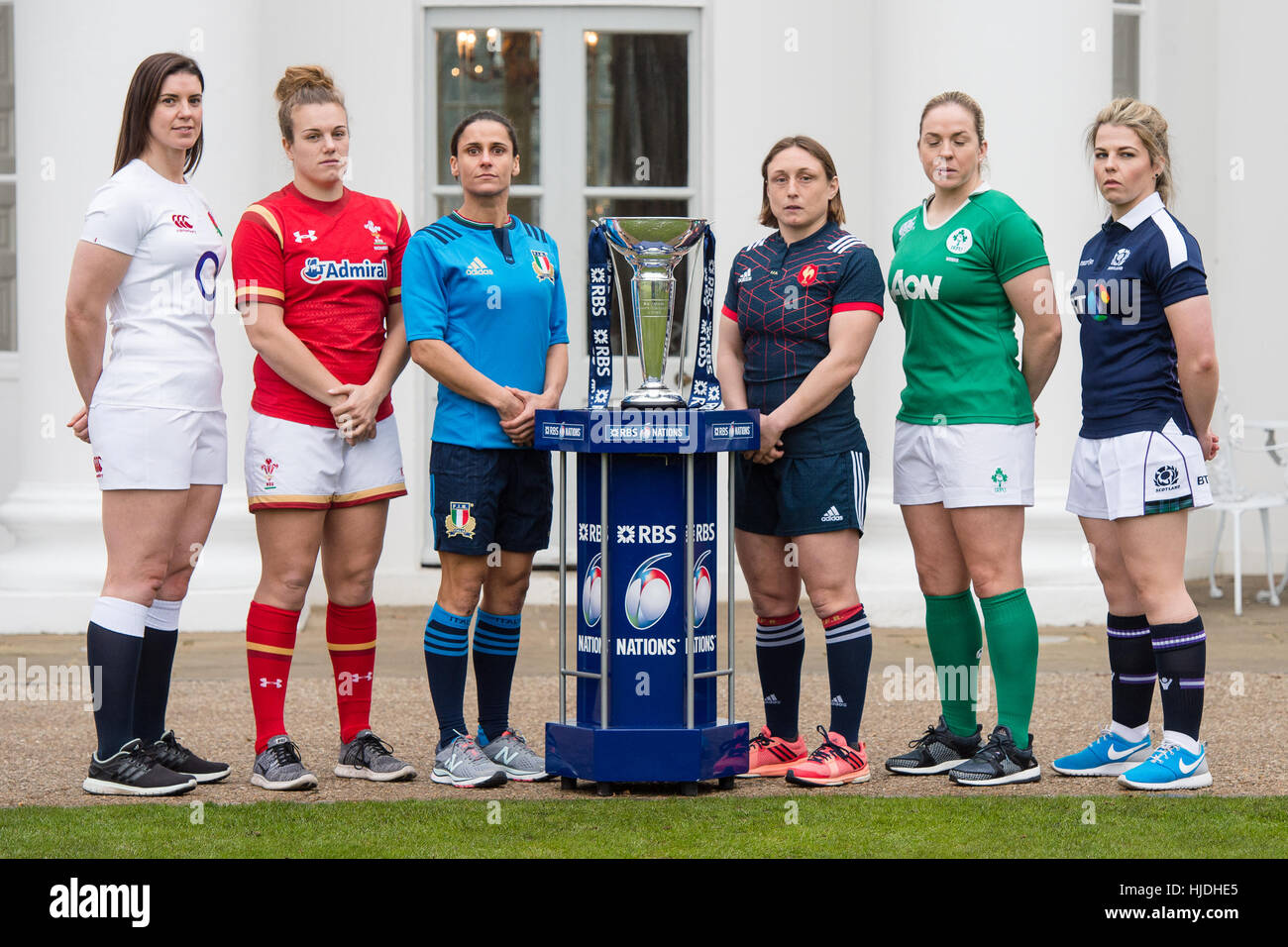 London, UK. 25th January 2017. Womens Captains, Sarah Hunter, Carys Phillips, Sara Barattin, Gaelle Mignot, Niamh Briggs and Lisa Martin with the 6 Nations trophy at the launch of the RBS 6 Nations Championship at the Hurlingham Club London Credit: Alan D West/Alamy Live News Stock Photo