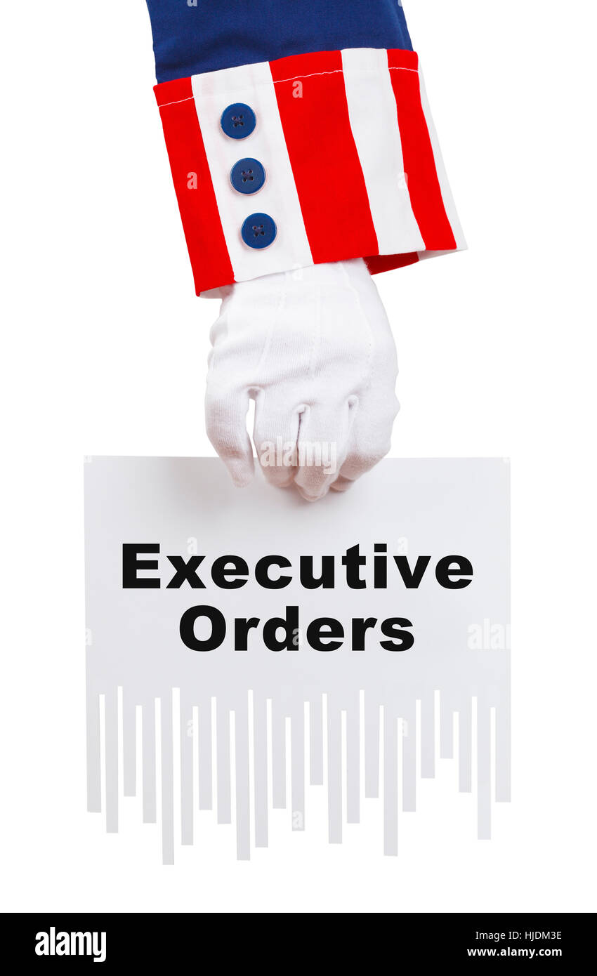 Uncle Sam Shredding Executive Orders Isolated on White. Stock Photo