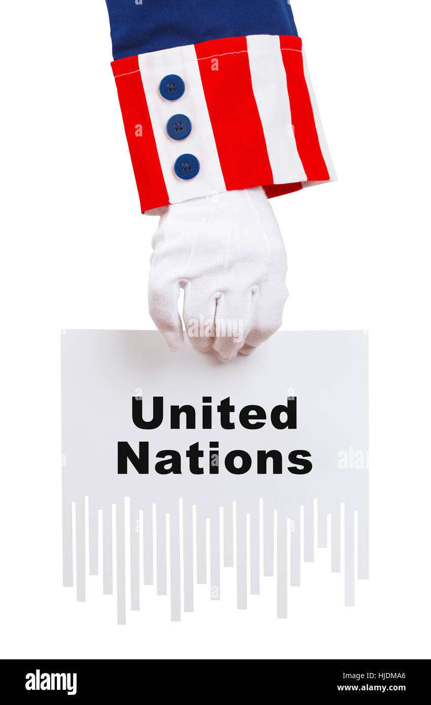 Uncle Sam Shredding United Nations Document Isolated on White. Stock Photo