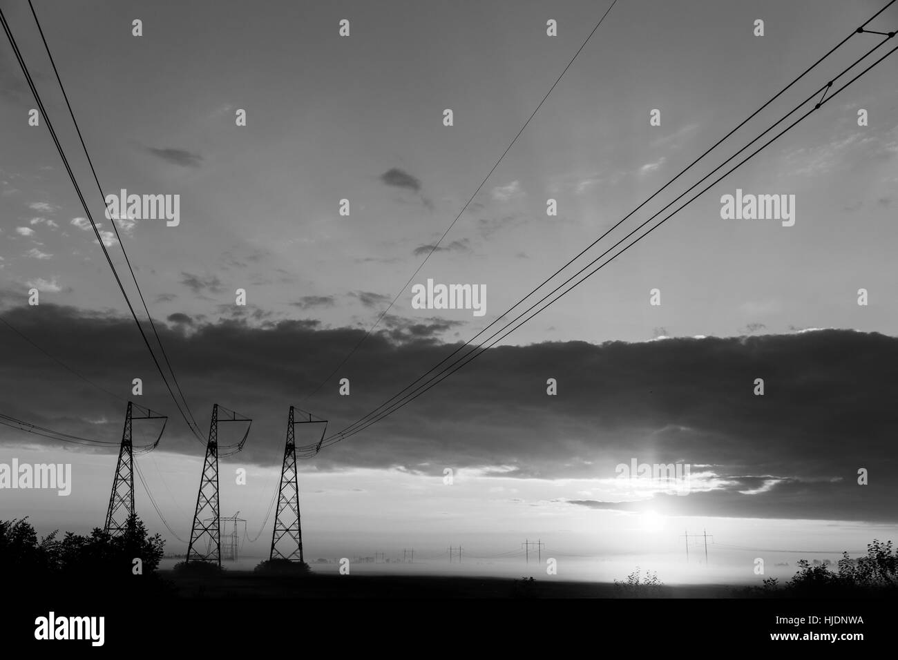 Black-white photo of power lines Stock Photo