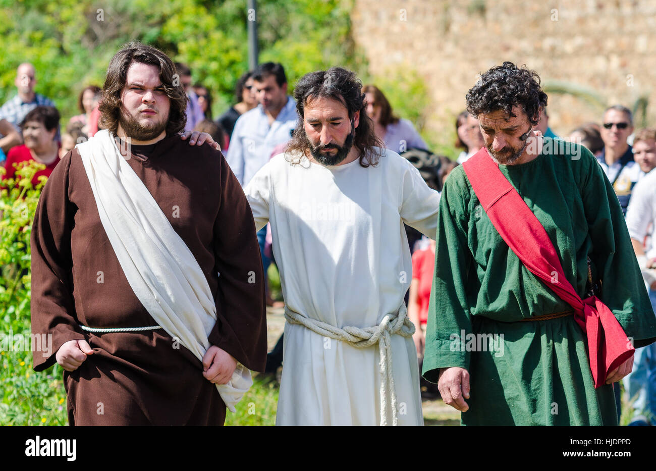 Alburquerque, Spain - april 03, 2015: A group of actors depicting the crucifixion of Christ in Alburquerque on Holy Friday Stock Photo
