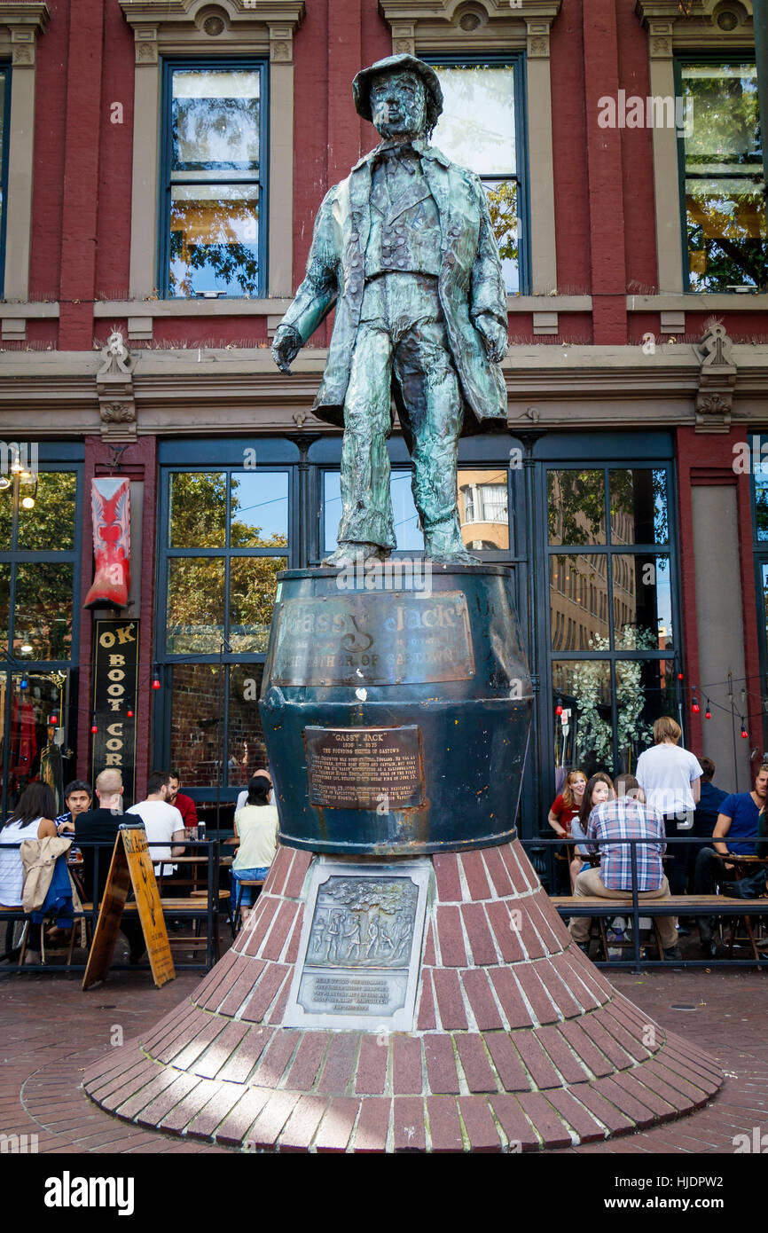 The statue of Gassy Jack which stands on Maple Tree Square, Vancouver, British Columbia, Canada. Famous 19thC entrepreneur. Stock Photo