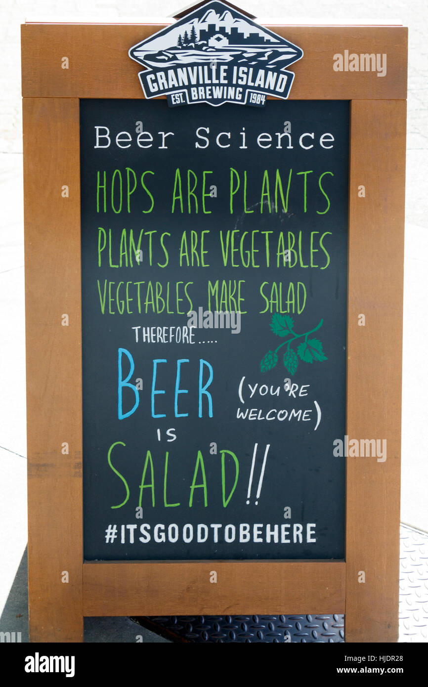 Humourous 'Beer Science' sign outside Granville Island Brewing, Vancouver, British Columbia, Canada. Stock Photo