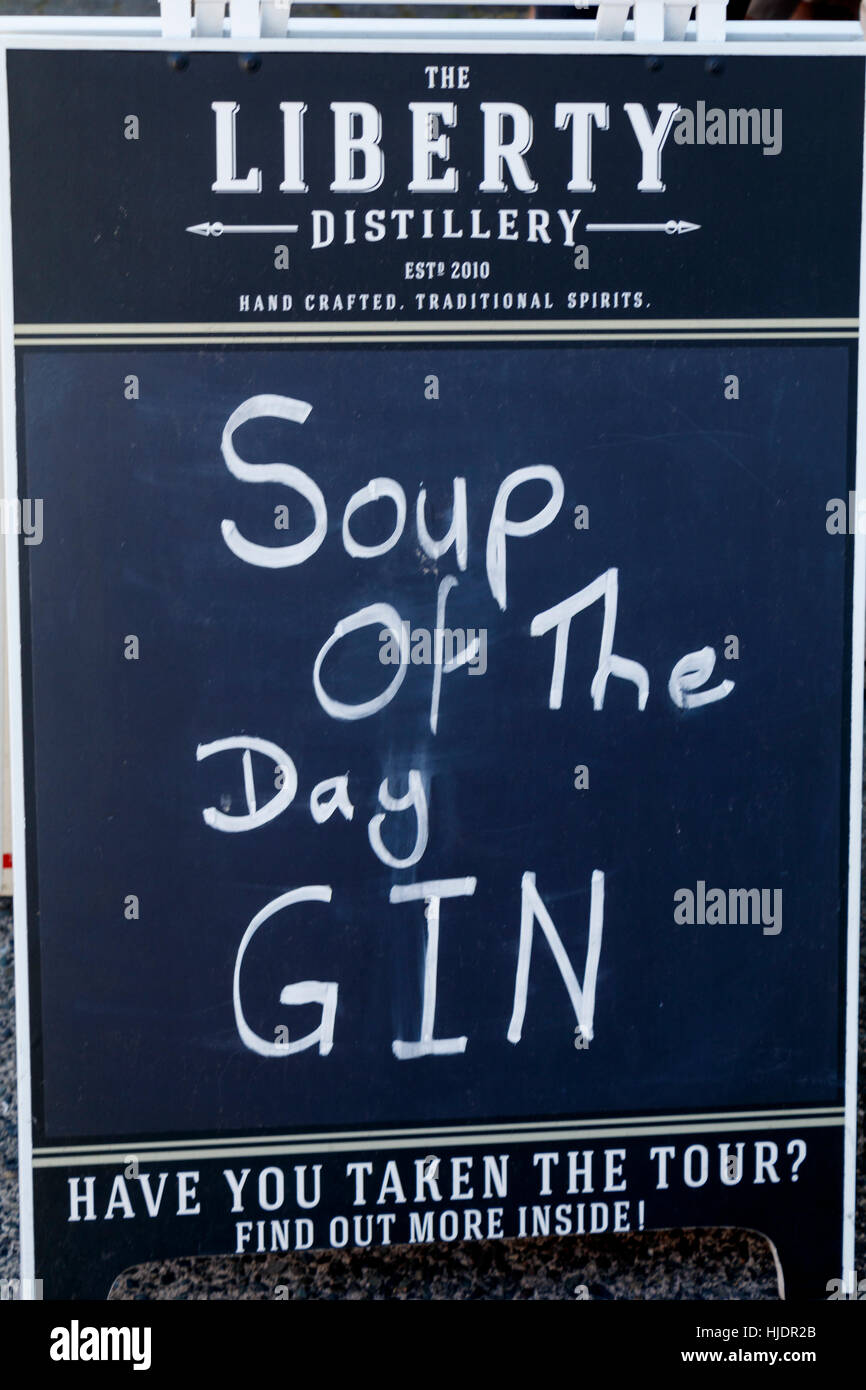 Humourous 'Soup Of The Day GIN' sign outside the Liberty Distillery, Granville Island, Vancouver, British Columbia, Canada. Stock Photo