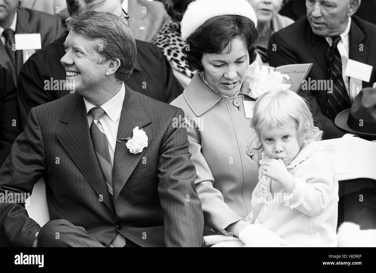Georgia state senator and governor elect Jimmy Carter at his 1971 gubernatorial inauguration. Carter succeeded segregationist Lester Maddox as Georgia governor. Carter is seated with his wife Rosalyn and daughter Amy. Stock Photo