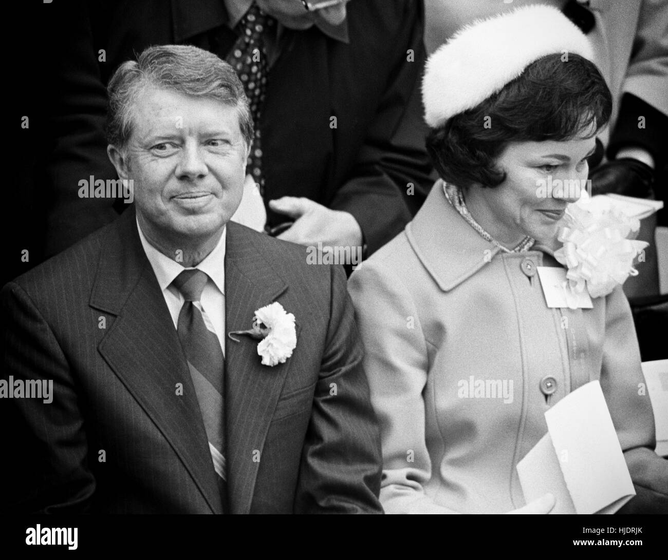 Georgia state senator and governor elect Jimmy Carter at his 1971 gubernatorial inauguration. Carter succeeded segregationist Lester Maddox as Georgia governor. Carter is seated with his wife Rosalyn and daughter Amy. Stock Photo