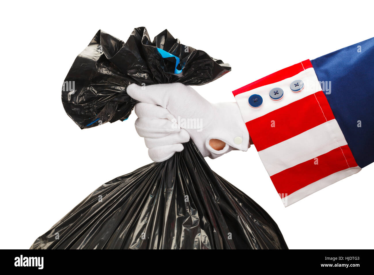 President Holding a Bag of Trash Isolated on White Background. Stock Photo