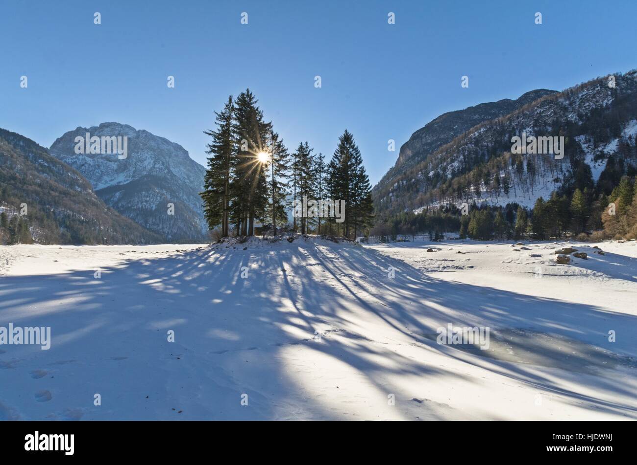 The alpine lake of Predil (Raibl) in winter Stock Photo