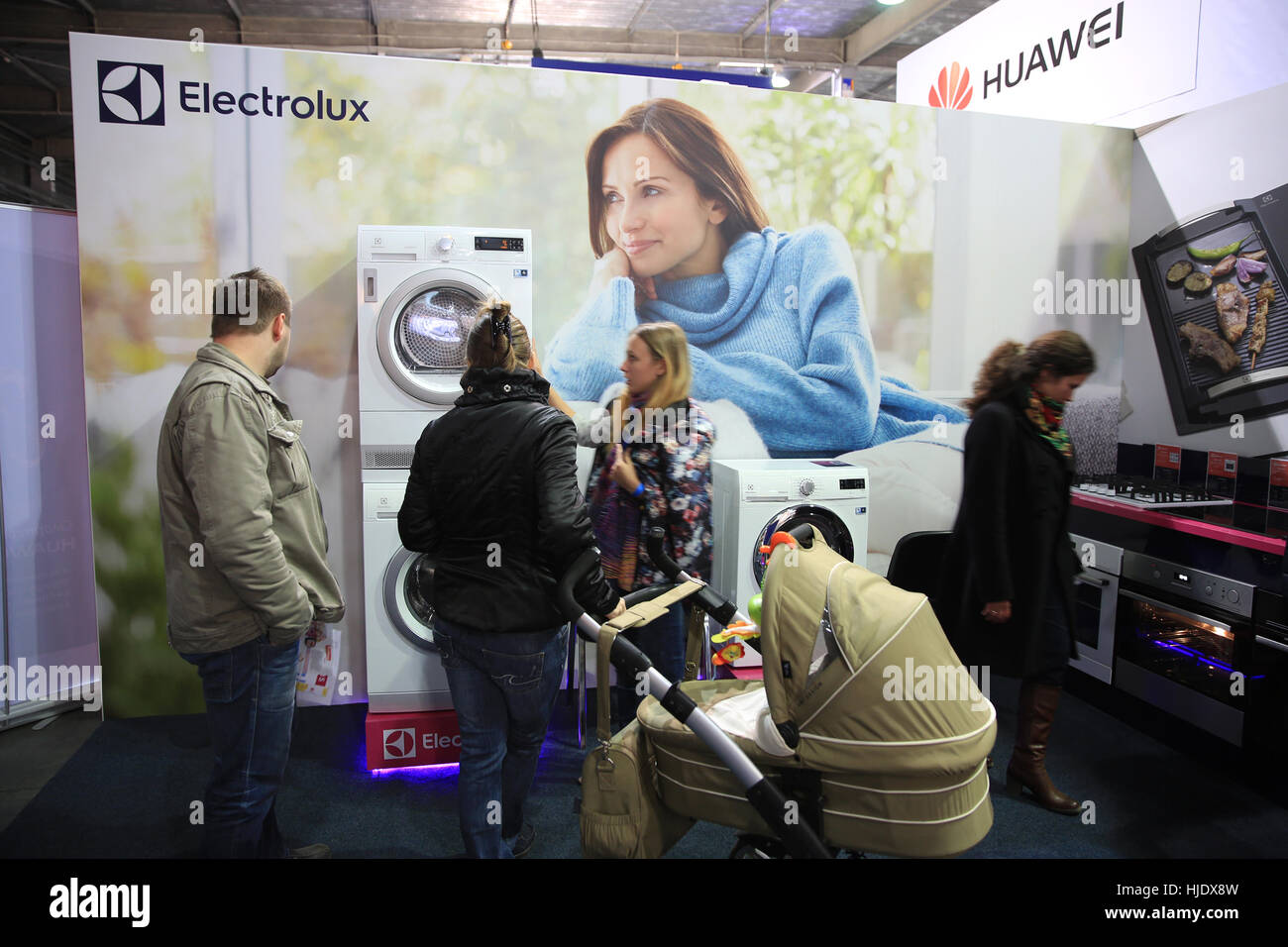KIEV, UKRAINE - OCTOBER 11, 2015: People visit Electrolux, Swedish multinational appliance manufacturer booth during CEE 2015, largest electronics tra Stock Photo