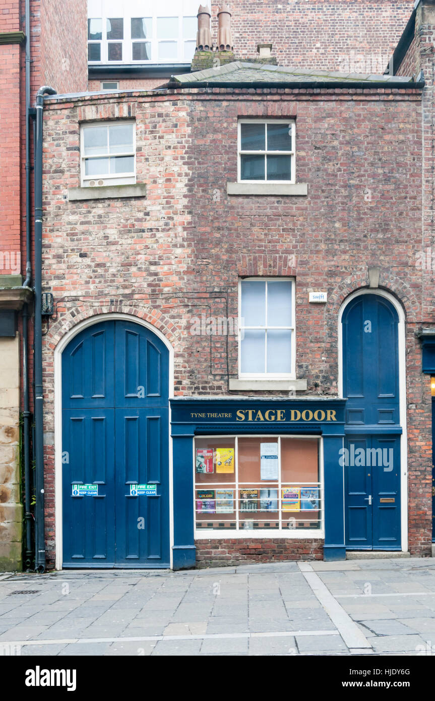 Stage door of the Tyne Theatre, Newcastle upon Tyne. Tall doors to