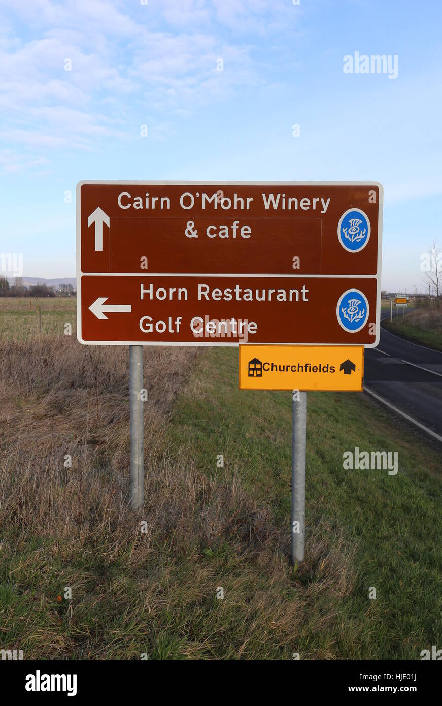 Tourism sign for Cairn o'Mohr winery and Horn Restaurant near Errol Scotland January 2017 Stock Photo