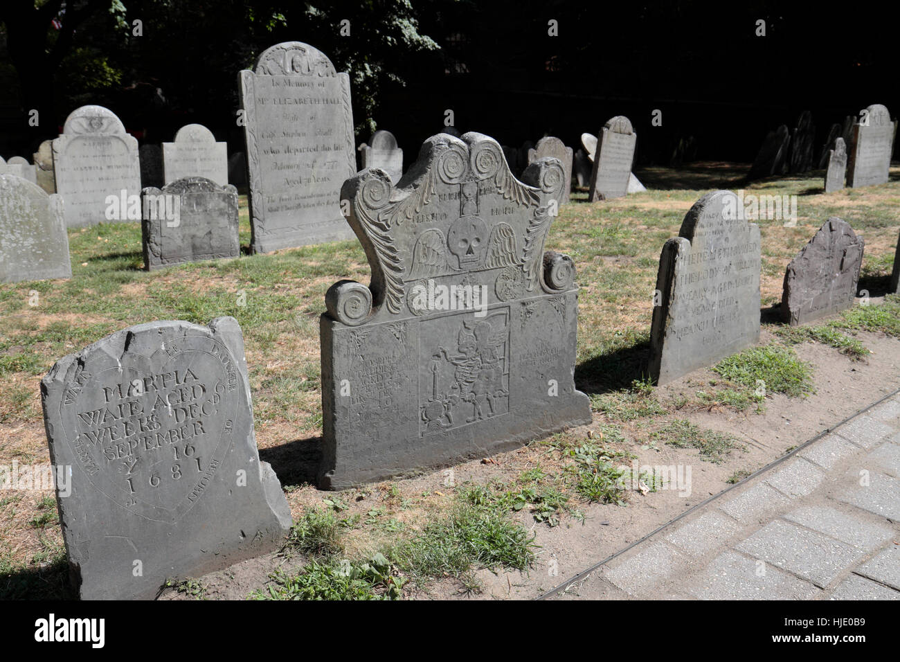 Headstones in the King's Chapel Burying Ground in Boston, Massachusetts, United States. Stock Photo