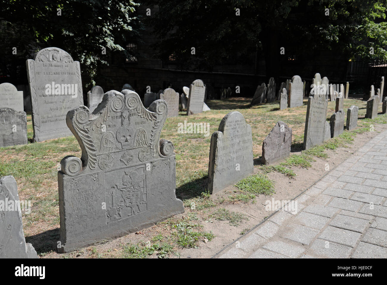 Headstones in the King's Chapel Burying Ground in Boston, Massachusetts, United States. Stock Photo