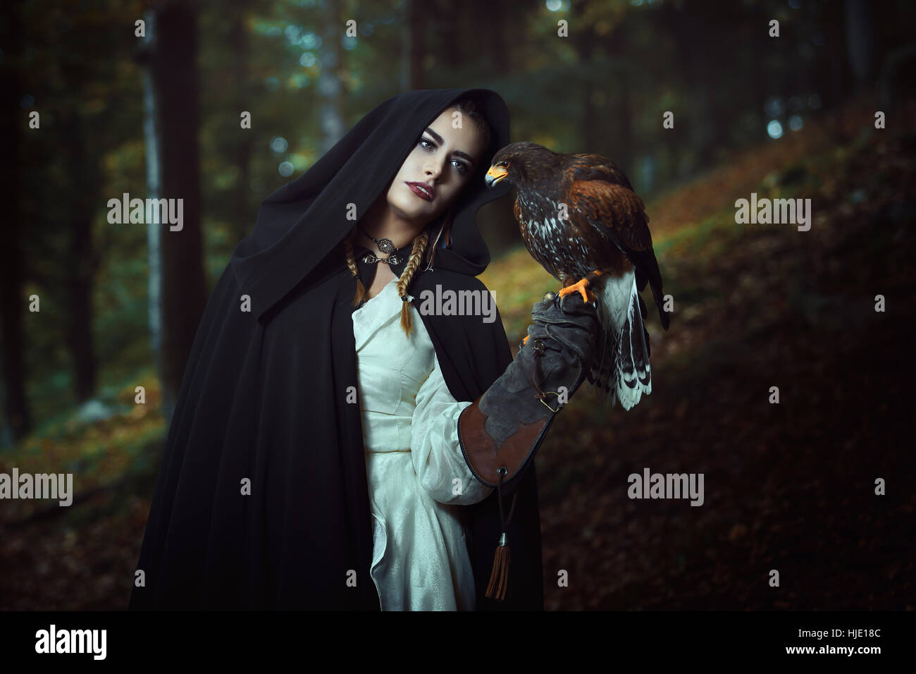 Black hooded woman with harris hawk in dark woods. Fantasy concept Stock Photo