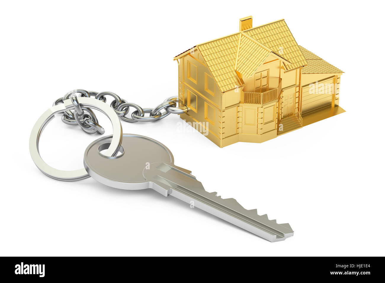 House key with keychain, 3D rendering isolated on white background Stock Photo