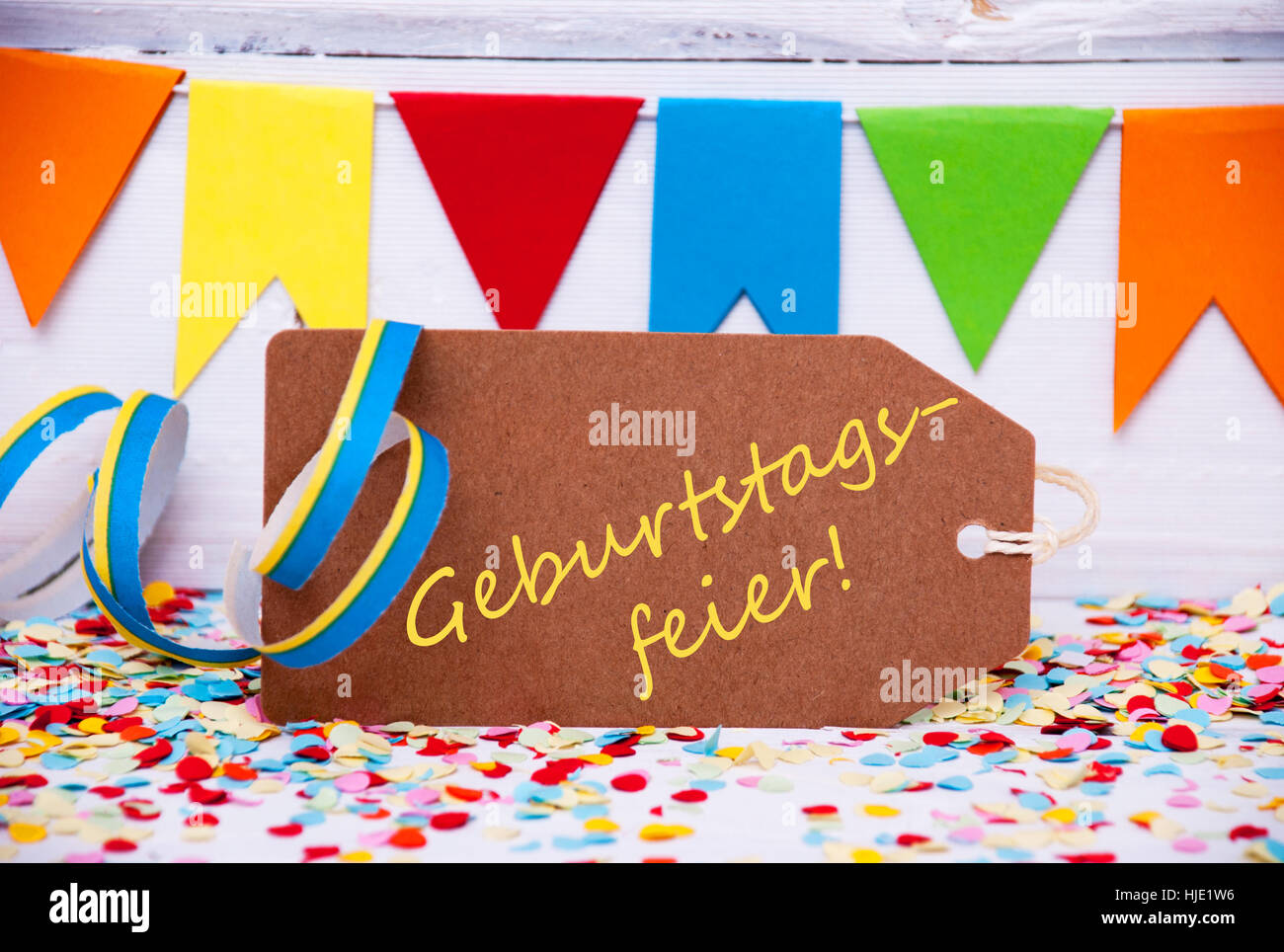 Party Label With Streamer, Geburtstagsfeier Means Birthday Celebration Stock Photo