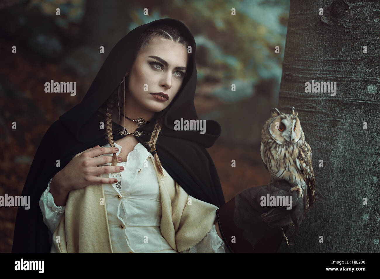 Beautiful witch of the woods with her owl familiar. Dark fantasy Stock Photo