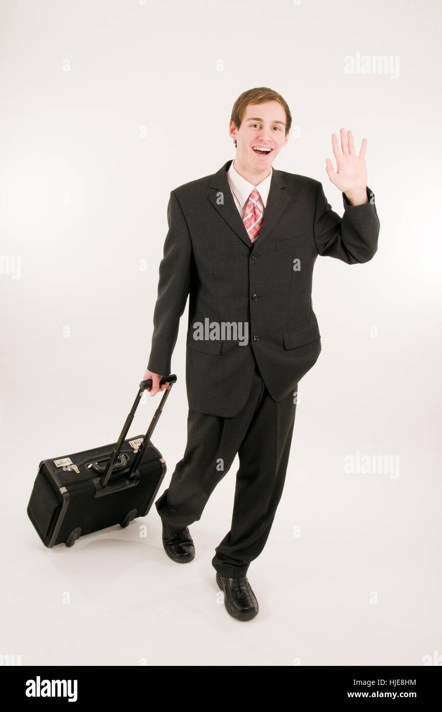 man with suitcase wave down Stock Photo