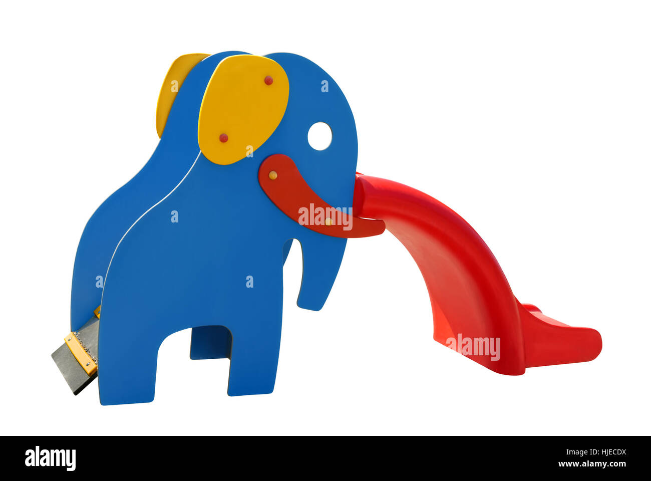 Bunte Rutsche in Form eines Elefanten in blau, rot und gelb, Freisteller Stock Photo