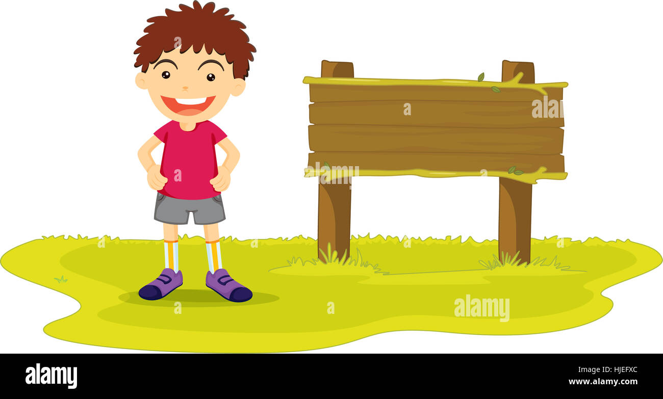 Illustration of a boy with sign Stock Photo - Alamy