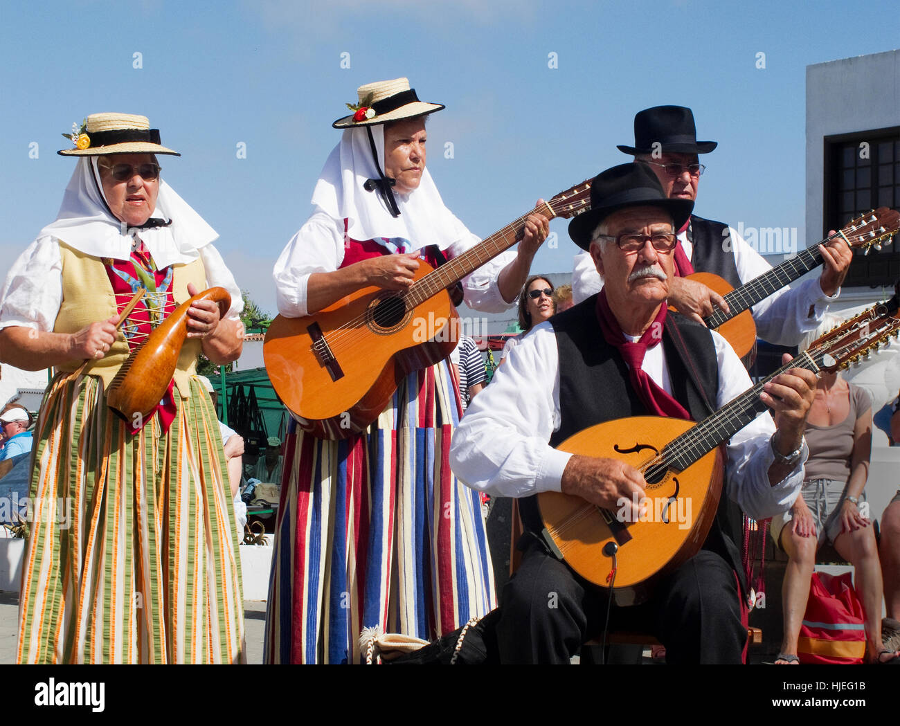 Canarian traditional Folk and Dance performers at Teguise Market Lanzarote. Stock Photo