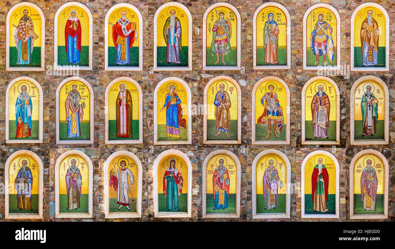 collection of biblical figures, made with mosaic tiles. Kykkos Monastery, Cyprus Stock Photo
