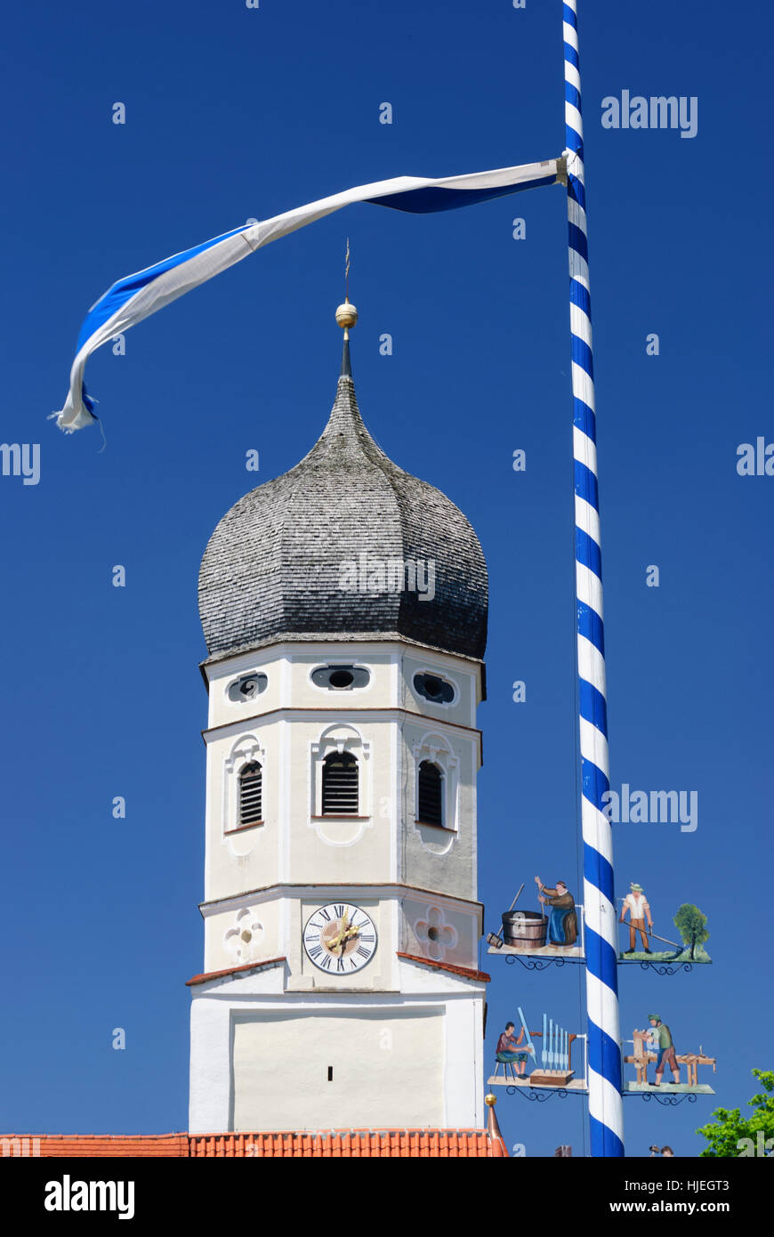 Andechs: Parish church and maypole, Oberbayern, Upper Bavaria, Bayern, Bavaria, Germany Stock Photo