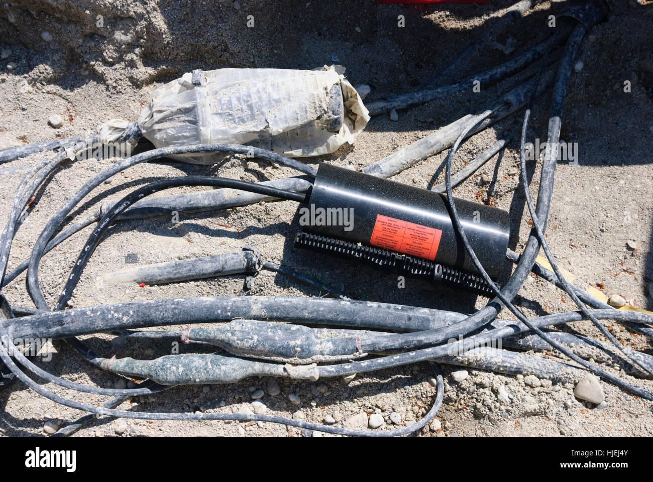 : Cable sockets of a fiber optic cable on a construction site, , , Germany Stock Photo