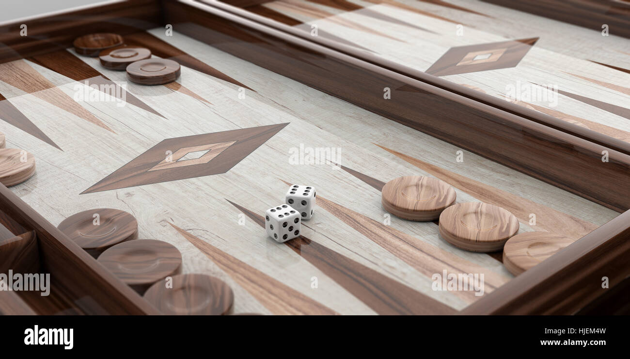 Wooden backgammon board closeup. 3d illustration Stock Photo