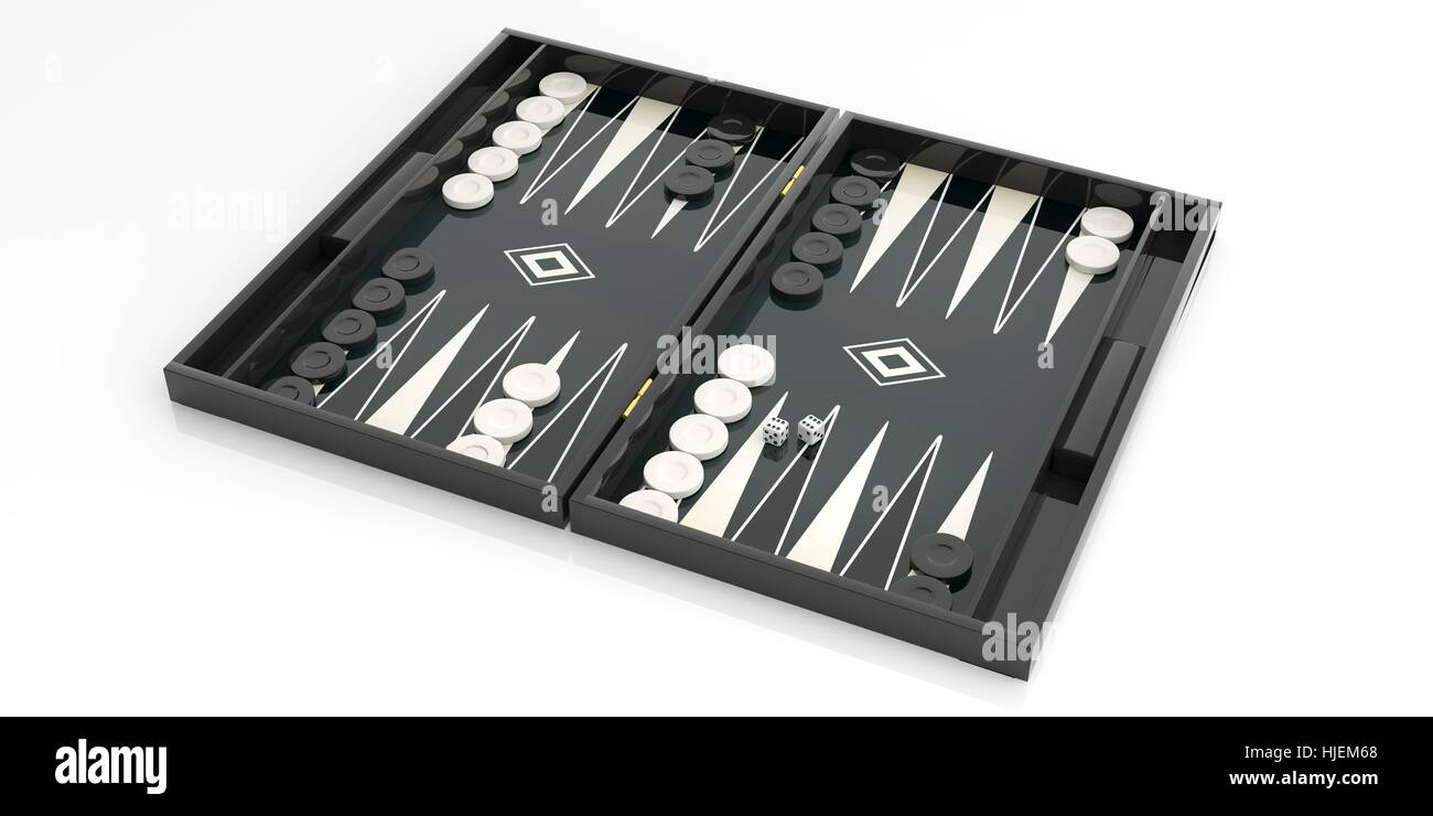 Black and white backgammon board on white background. 3d illustration