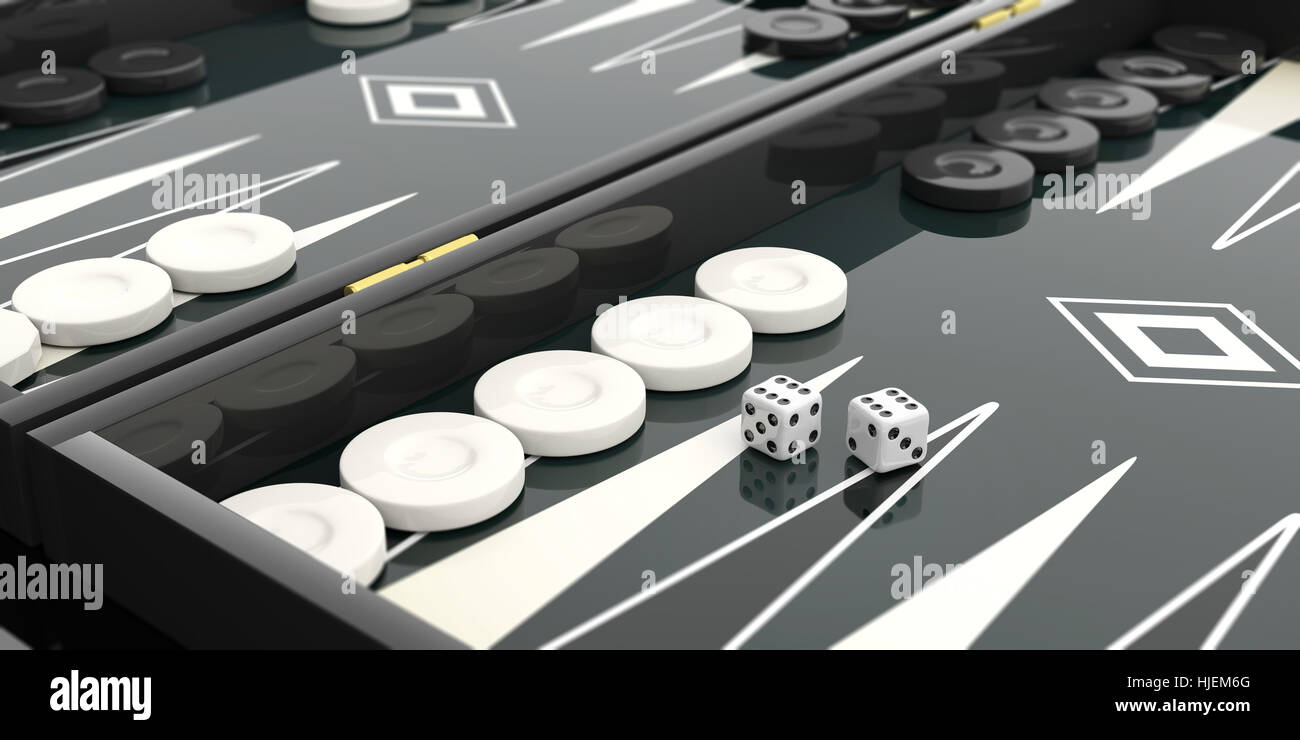 Black and white backgammon board and pieces. 3d illustration Stock