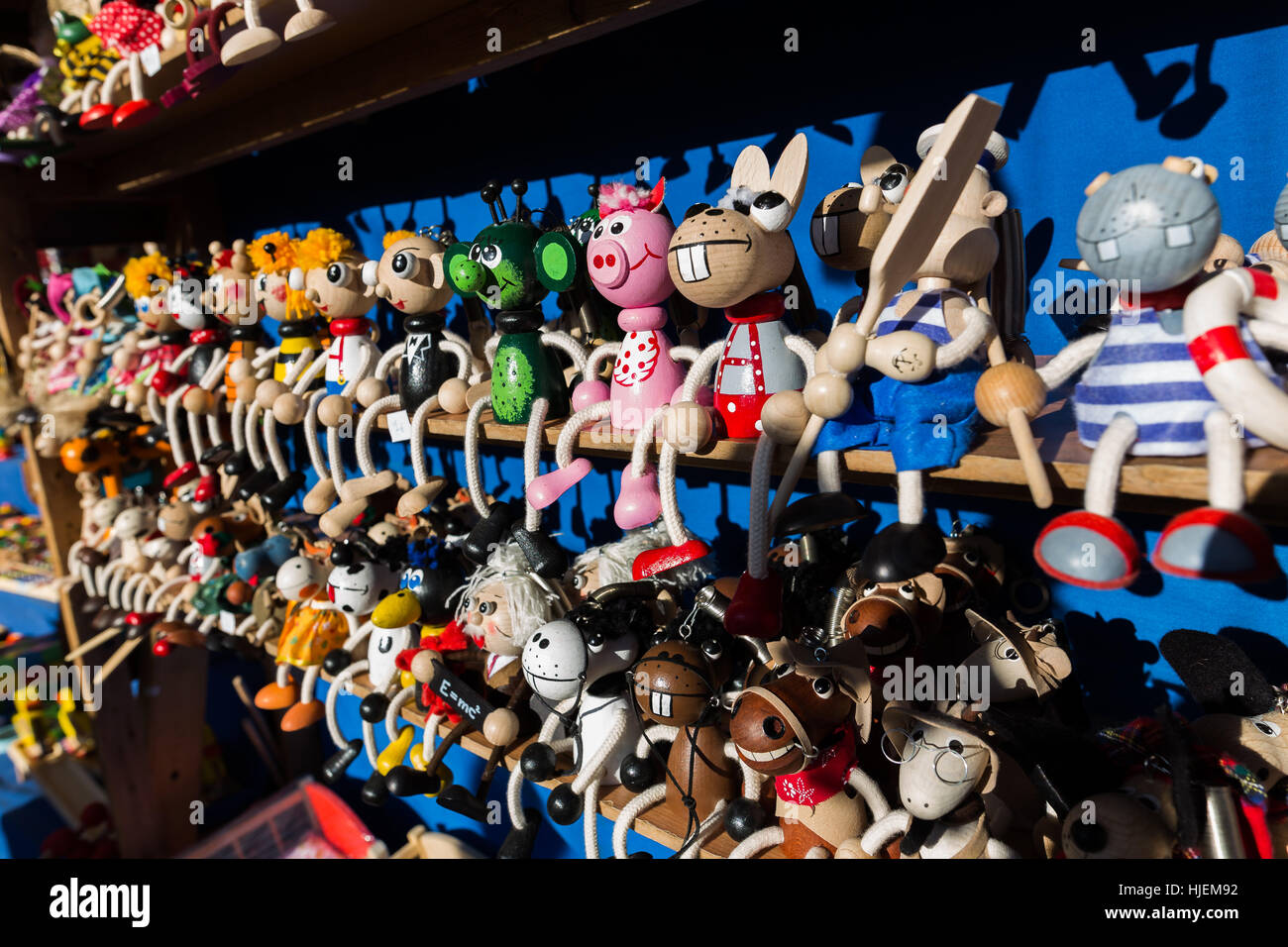 Tale wooden puppets, pig, hypo,rhino,sailor,alien,horse,sheep, goat,einstein,handmade toys for children,art marionettes,Bardejov, Slovakia Stock Photo