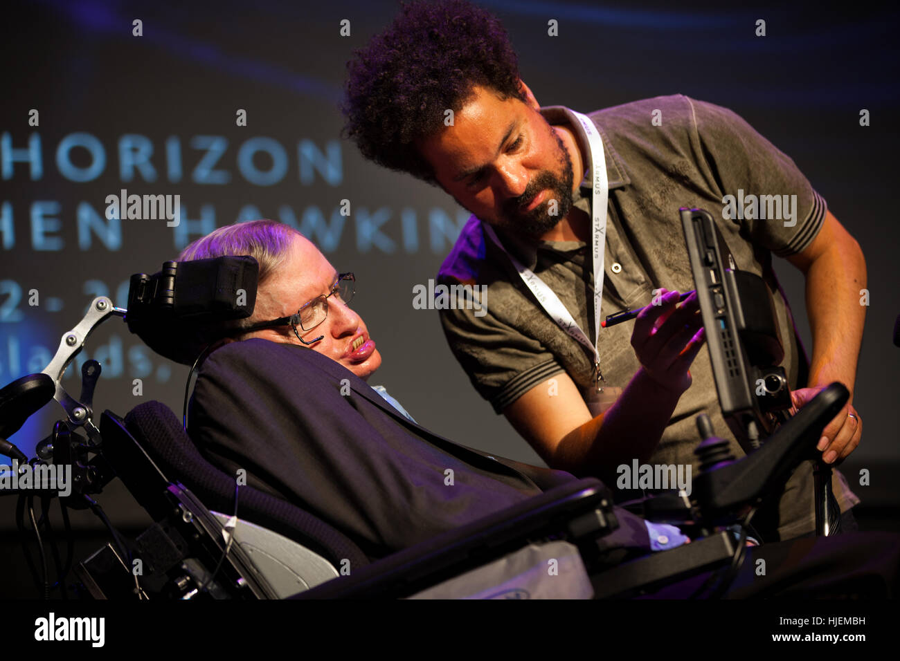 Prof. Stephen Hawking, British scientist, world renowned physicist  portrait with his assistant, Starmus festival 2016 Stock Photo