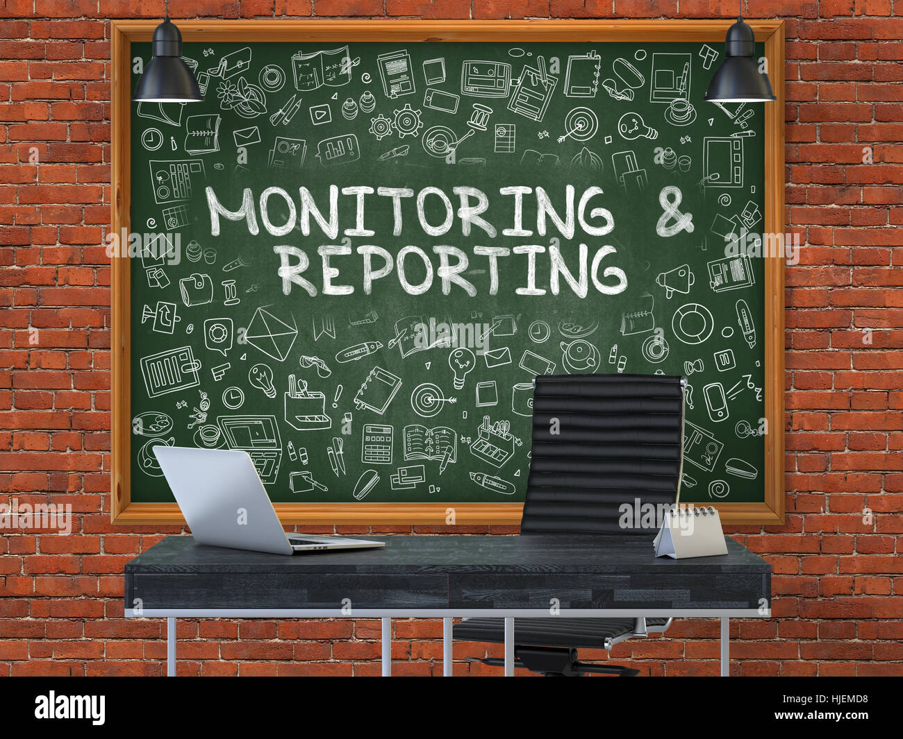 Monitoring and Reporting on Chalkboard in the Office. 3D Stock Photo
