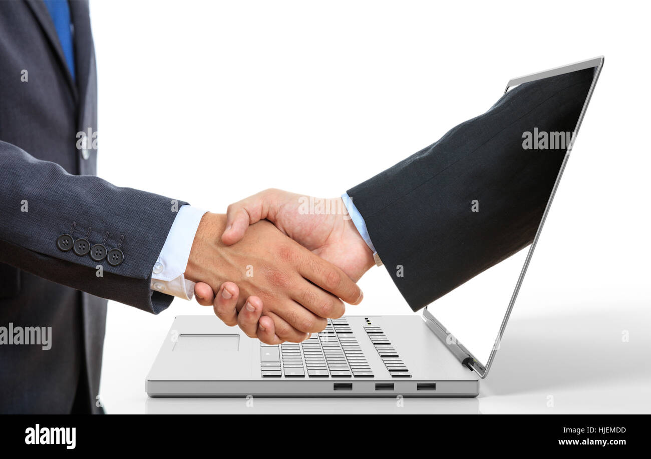 3d rendering men shaking hands through a laptop screen on white