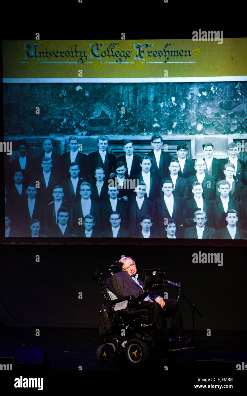 Stephen Hawking, British scientist, world renowned physicist portrait with college pictures from his young age in the background, Starmus festival Stock Photo