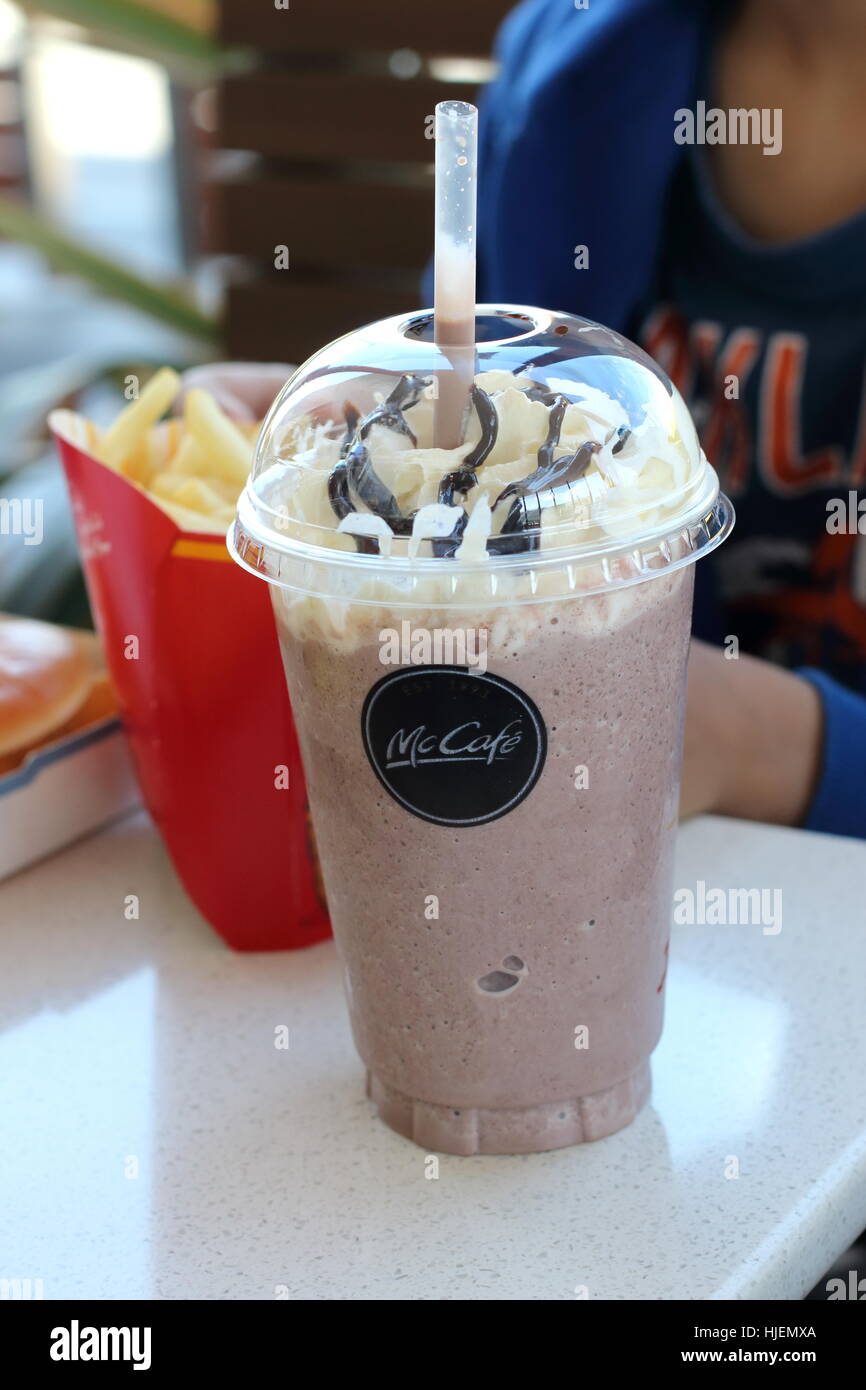 Close up of McDonald's chocolate Frappe and potato chips in McDonald's Melbourne Victoria Australia Stock Photo