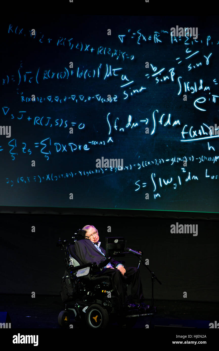 Prof. Stephen Hawking, British scientist, world renowned physicist portrait with mathematical formulas in the background,  Starmus festival 2016 Stock Photo