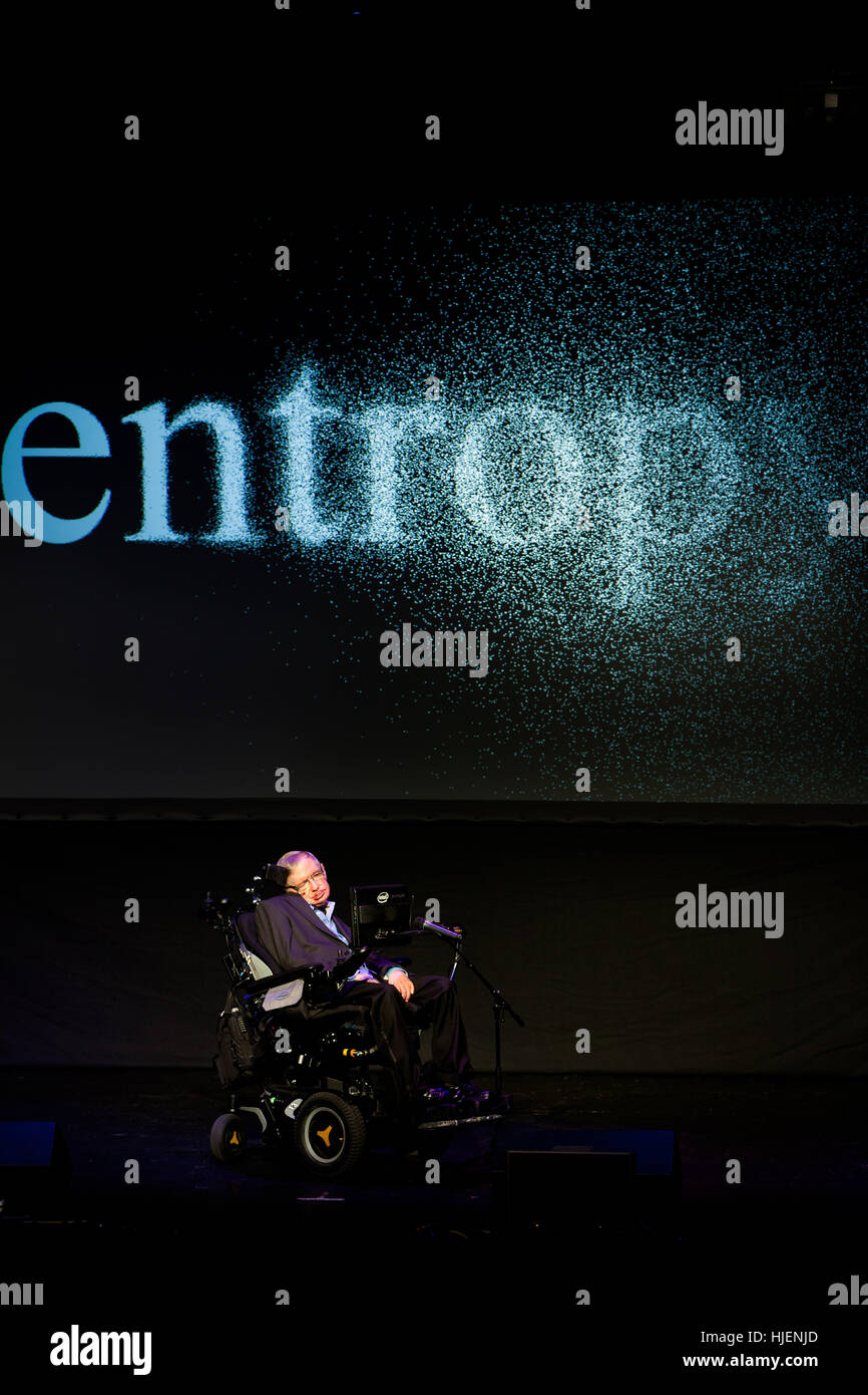 Prof. Stephen Hawking, British scientist, world renowned physicist portrait with entropy projection in the background, Starmus festival 2016 Tenerife Stock Photo