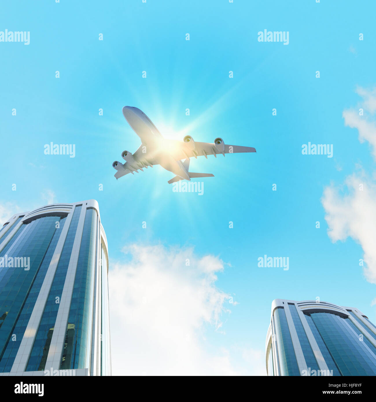 Image of airplane flying above skyscrapers. Bottom view Stock Photo - Alamy