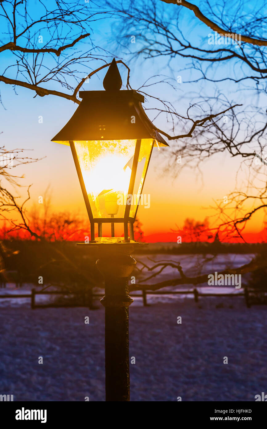 illuminated old street lamp in winter landscape at night Stock Photo ...