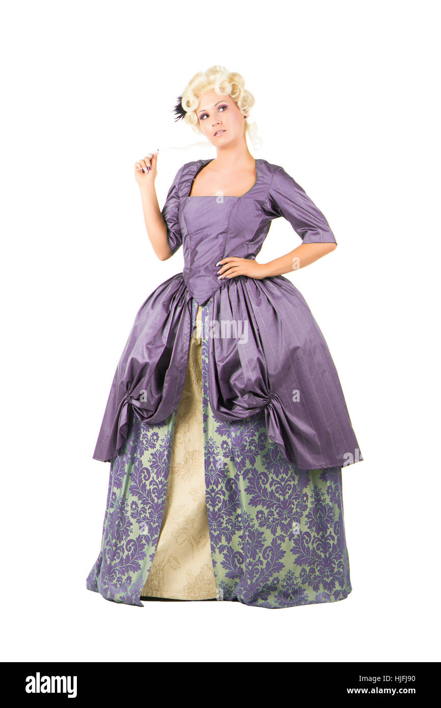 romantic, baroque, costume, quillings, young, younger, dress, gown, woman, Stock Photo