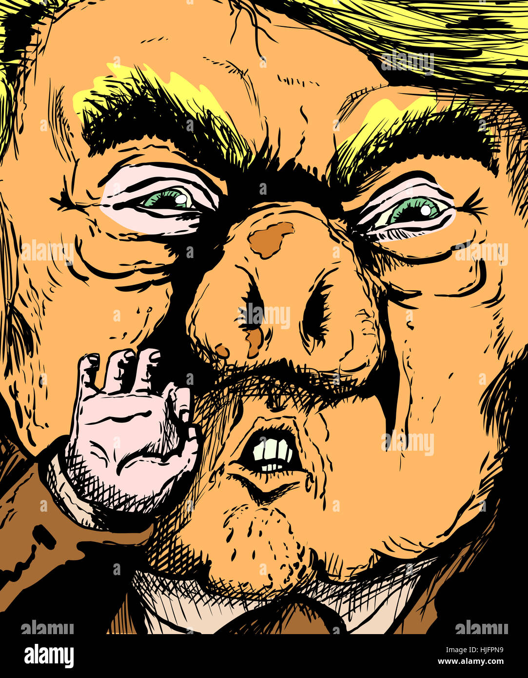 January 23, 2017. Caricature of orange skinned Donald Trump with pig nose Stock Photo
