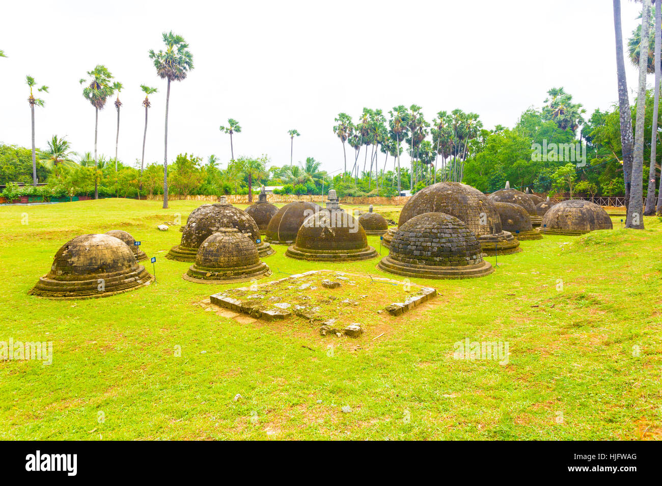 Ancient dagobas or stupas seen in middle of an archelogical site thought to be an old Kadurugoda monastery in Chunnakam, Jaffna Stock Photo
