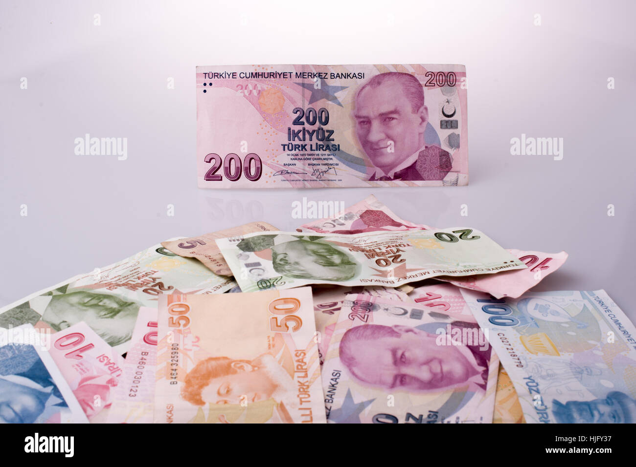 Turksh Lira banknotes of various color, pattern and value on white ...