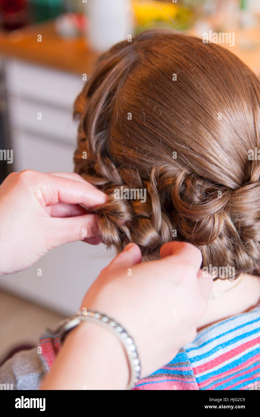 Bride,hair,hairstyle,brim,hairdresser,hairpin,hairstylist,hands,head,brown,beautiful,noble,ornate,high,Celebration,Ceremony,Marr Stock Photo