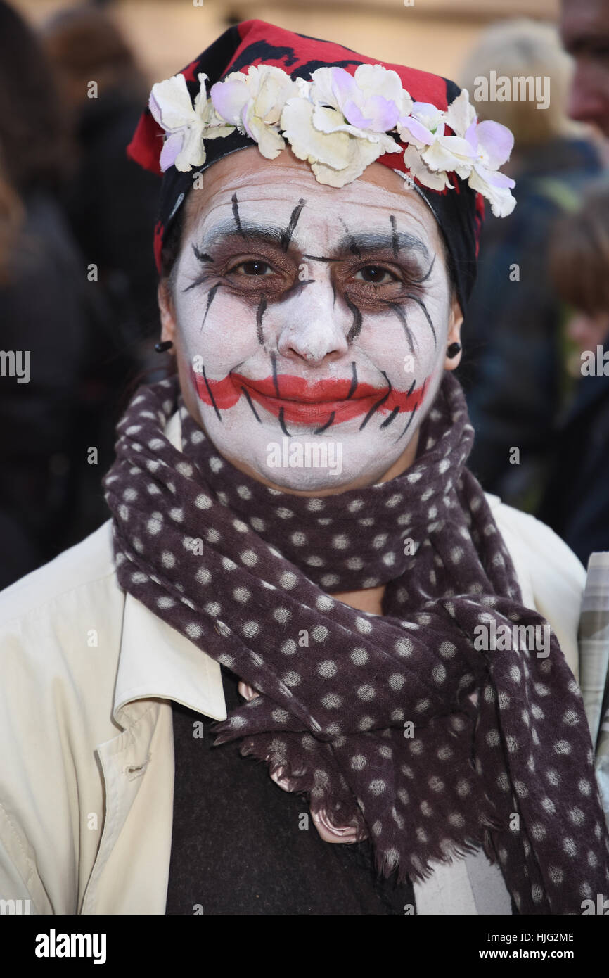 Women's March.Portrait of protester with face paint,Trafalgar Square,London.UK Stock Photo