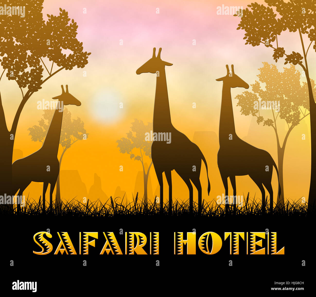 Safari Hotel Giraffes Showing Wildlife Reserve 3d Illustration Stock