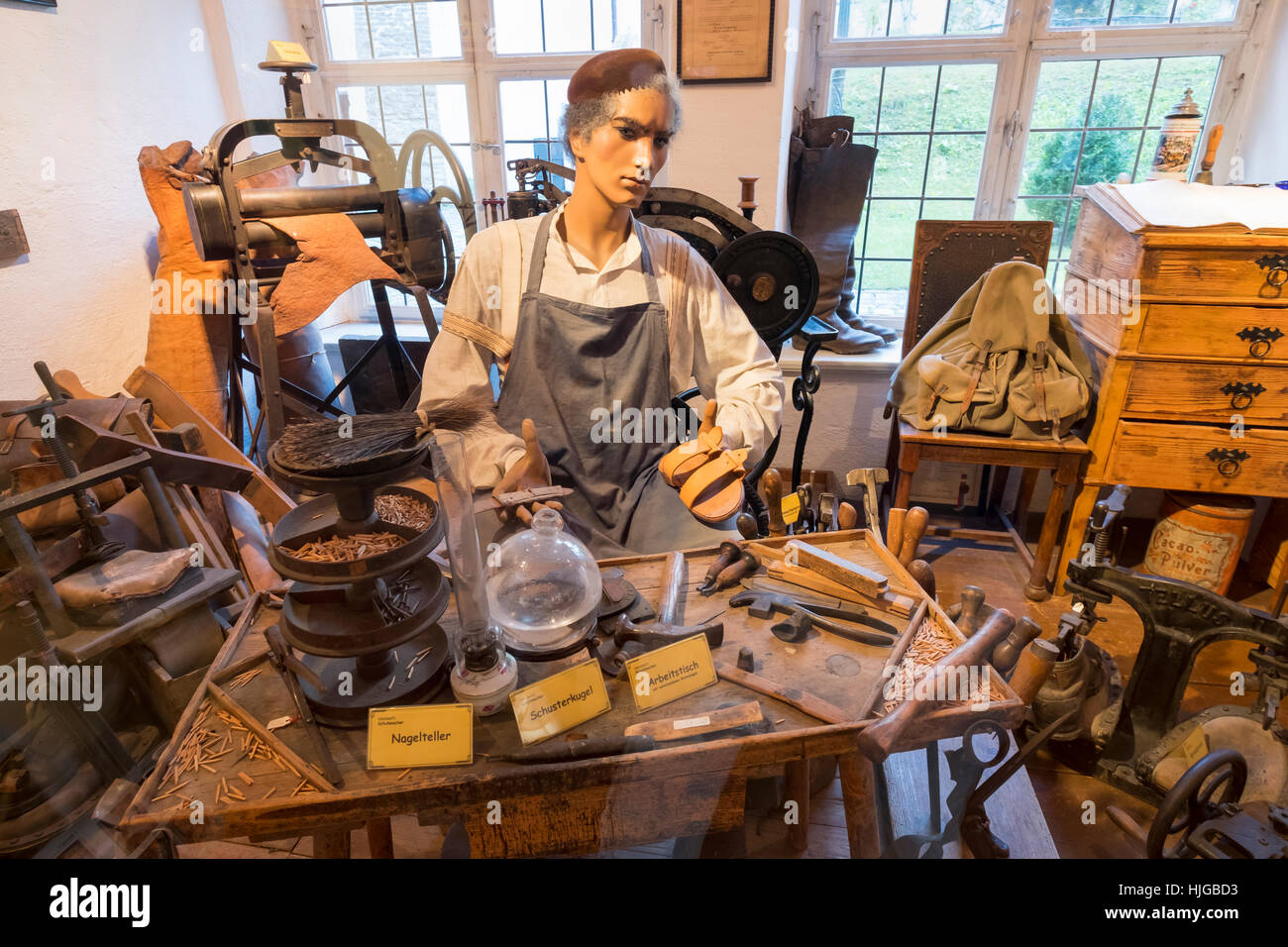 Shoemaker's workshop, Schwäbisches Handwerkermuseum, Lower Fountain Master House, Augsburg, Swabia, Bavaria, Germany Stock Photo