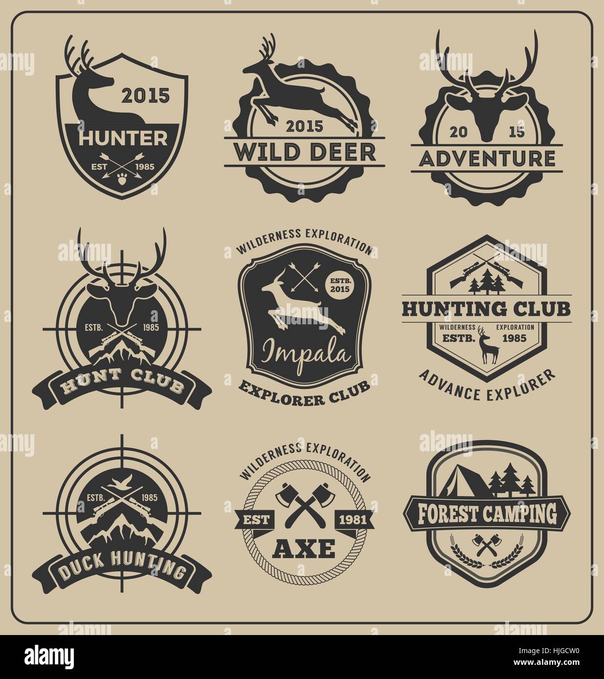 Set of monochrome animal hunting and adventure badge logo design for emblem  logo, label design, insignia, sticker || Vector illustration resize able a  Stock Vector Image & Art - Alamy
